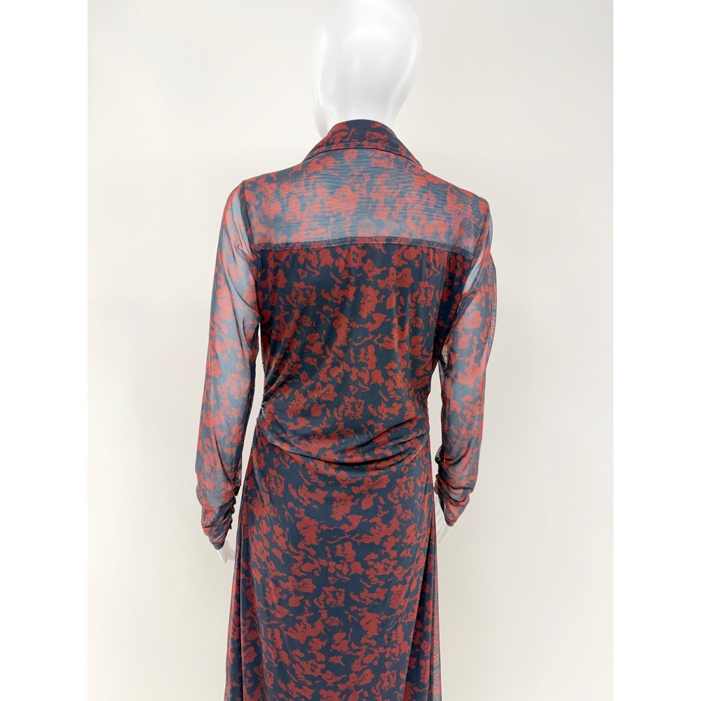 Madewell Mesh Floral Print Ruched Midi Dress Long Sleeve Collared Navy Red Sz L - Picture 9 of 10